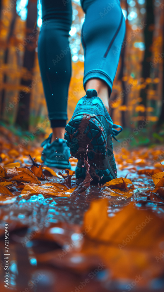 A person's journey through a forest carpeted with autumn leaves, each step a blend of adventure and communion with nature A person's journey through a forest carpeted with autumn leaves, each step a blend of adventure and communion with nature