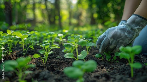 gardener's hand growing  vegetables in plantation, home springtime gardening, Generative Ai © QuietWord