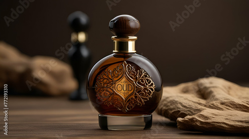 Oud Perfume bottle with agar wood concept.generative.ai