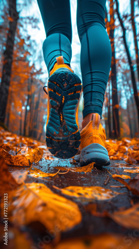 A close-up of a person's athletic shoes walking through a park on an autumn day enhances the vibrancy of a walk through the changing leaves, symbolizing change and vitality.