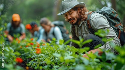 happy quality time friends and family, people in community helping each other gardening at green vegetable farm, man harvesting fresh farm produce from plantation, Generative Ai