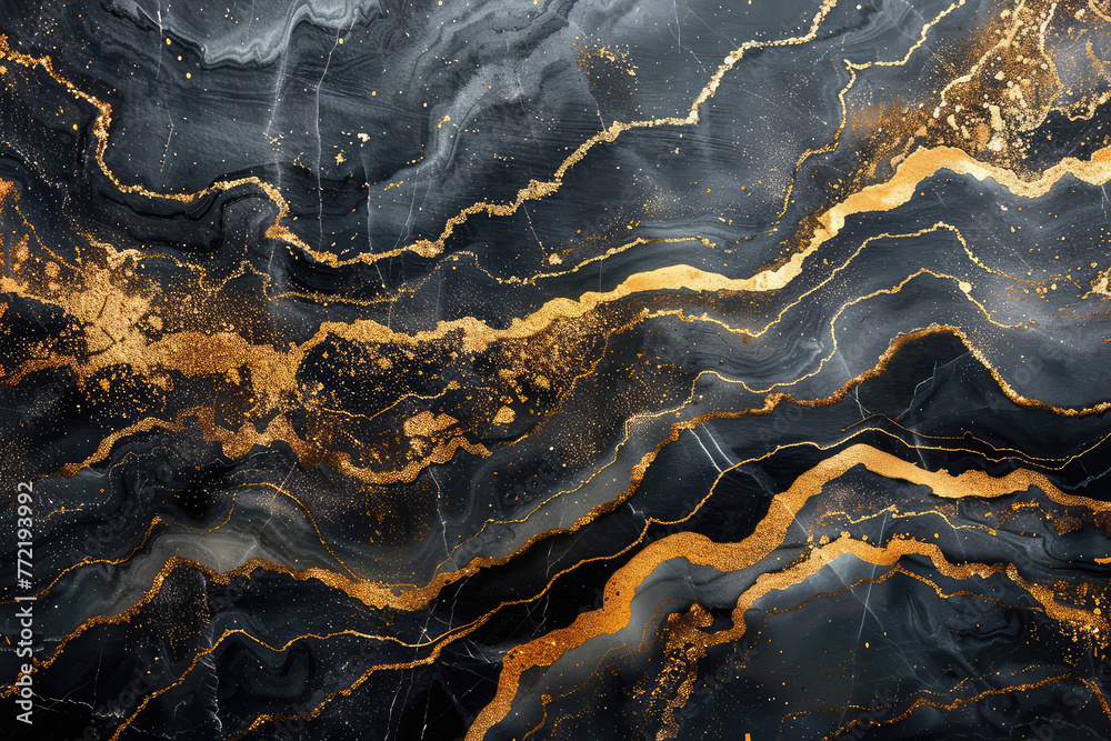 A dark marble texture with swirling patterns of deep blue and gold, resembling the natural beauty found in geode stone. Created with Ai - obrazy, fototapety, plakaty 