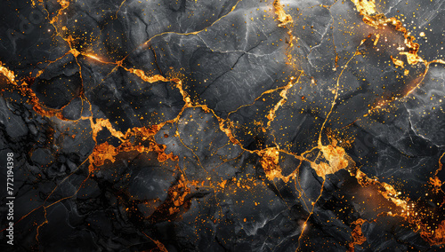 A dark marble surface with golden veins, glowing in the light. The texture of the stone is visible and textured. Created with Ai