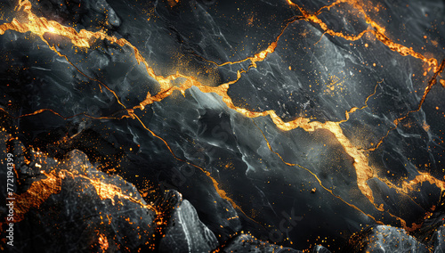 Abstract background with golden cracks on dark grey marble texture, glowing light effects. Created with Ai