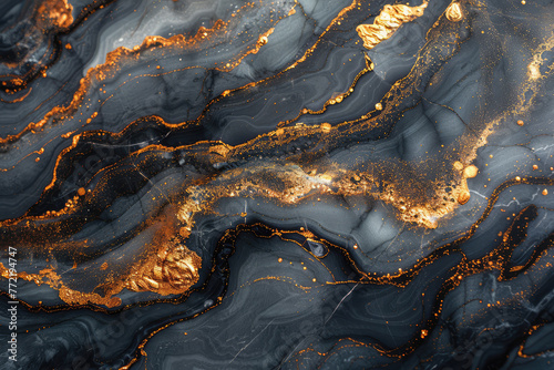 Abstract background, black marble texture with golden veins, golden lines and swirls. Background for design in the style of dark blue gray marble with gold veins. Created with Ai