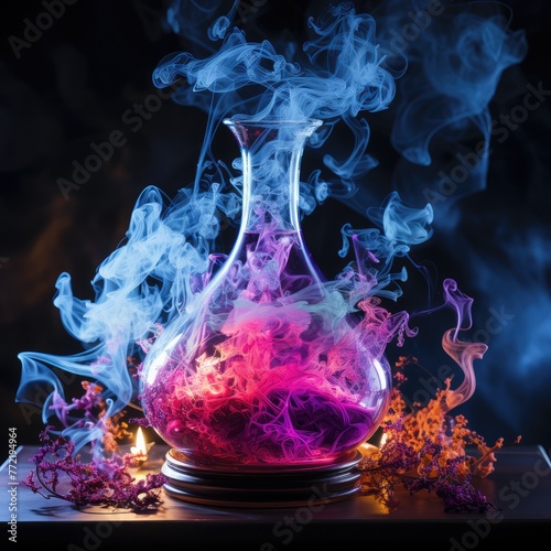 bottle of perfume on dackground with smoke photo