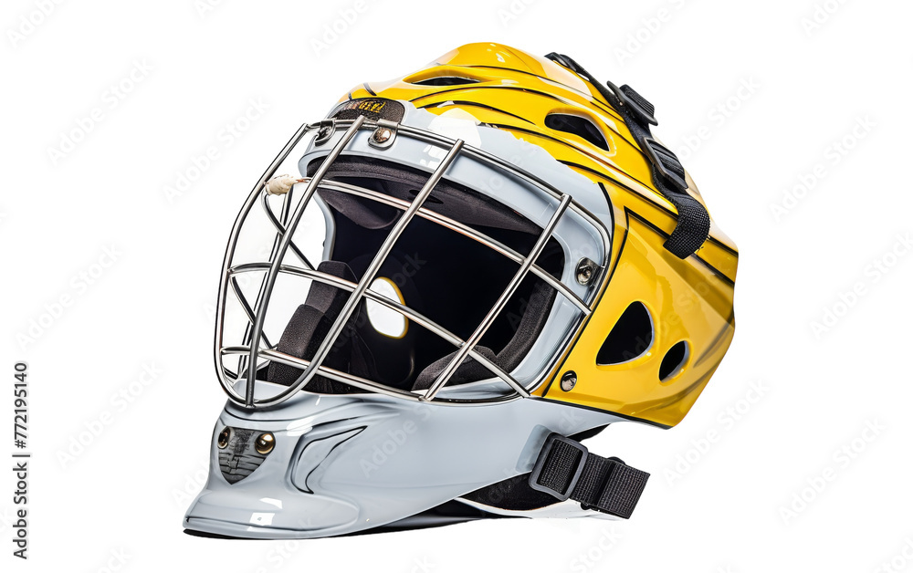 Fototapeta premium A goalie mask with a yellow and silver helmet, ready for action on the ice