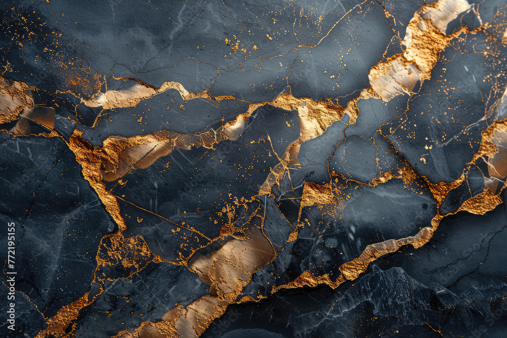 A closeup of dark marble with golden veins, showcasing the intricate patterns and textures in high resolution. Created with Ai