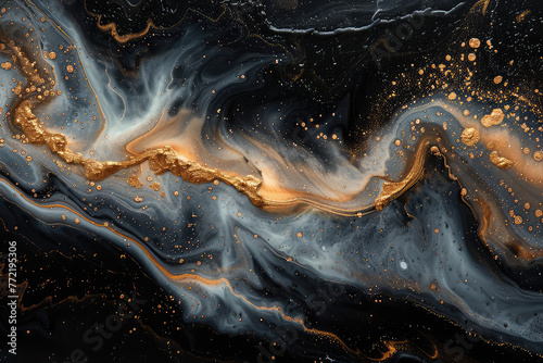 Abstract background with swirling patterns in black, grey and gold marble colors in the style of marble. Created with Ai