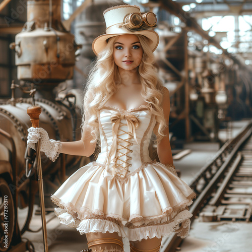 A delightful girl dressed in a Victorian costume in a steampunk style. Historical abstraction. A beautiful character for wallpaper, games.