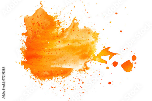Orange watercolor paint splash stain on white background.