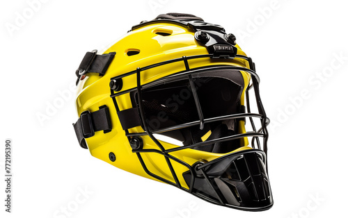 A bright yellow catchers helmet with a sleek black face guard, ready for action on the field