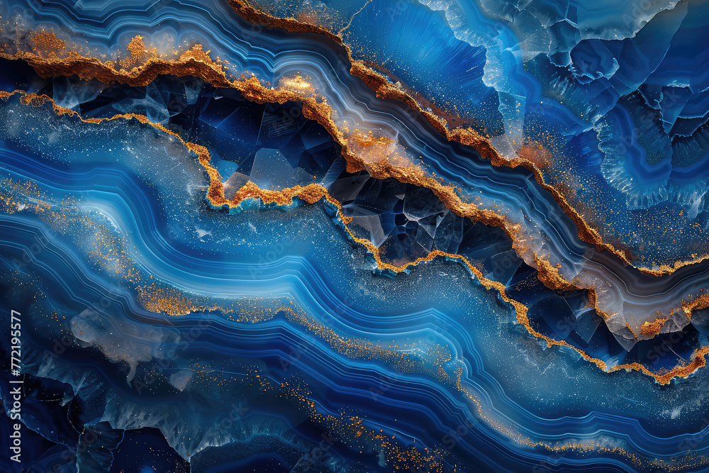 A mesmerizing blue agate pattern with swirling patterns and golden veins, creating an enchanting visual symphony that evokes the beauty of nature's artistry. Created with Ai