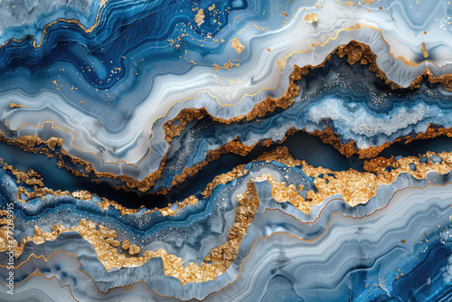 Abstract Blue and Gold Geode wallpaper, blue marble background with gold veins. Created with Ai
