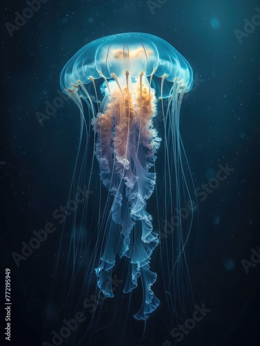 a translucent jellyfish floating gracefully in deep blue waters. Its delicate, ethereal body is adorned with glowing tendrils, creating a mesmerizing and otherworldly scene. © Autaporn