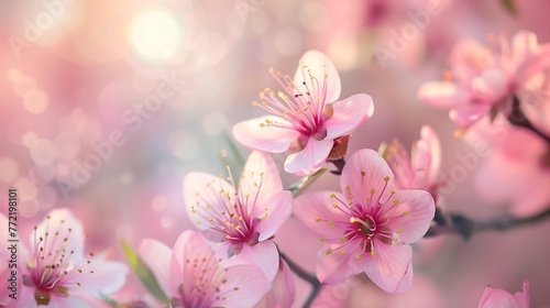 Close-up of delicate pink peach tree flowers in full bloom  springtime beauty
