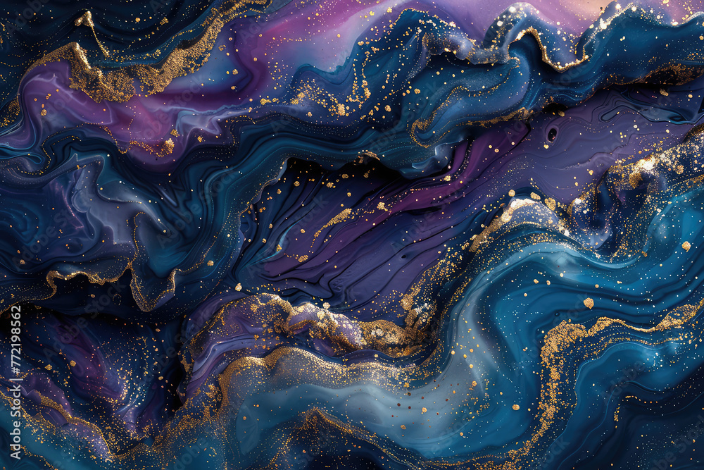 Ethereal Blue and Gold Marbling pattern, flowing waves of deep blue with shimmering gold accents, creating an abstract design that evokes the beauty of cosmic nebulae. Created with Ai