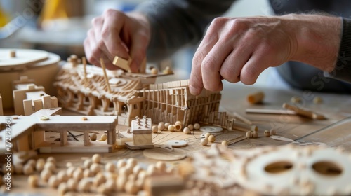 Craftsman Working on Detailed Wooden Model