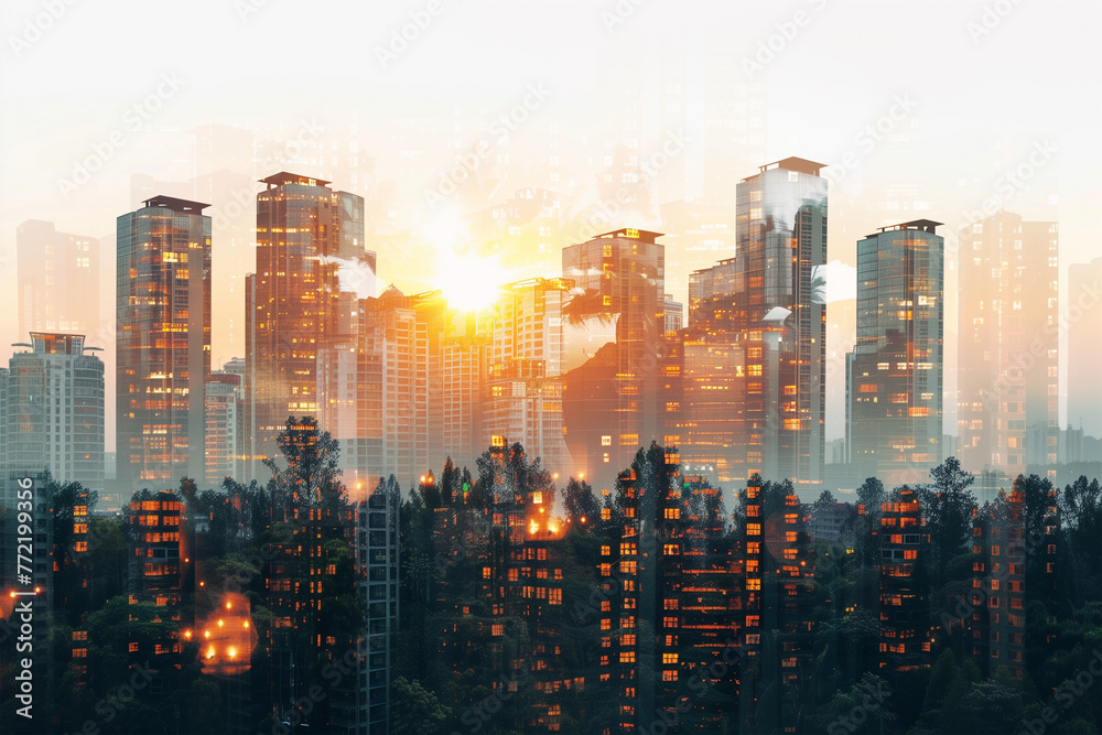 Abstract city concept,  double exposure background. Architectural forms