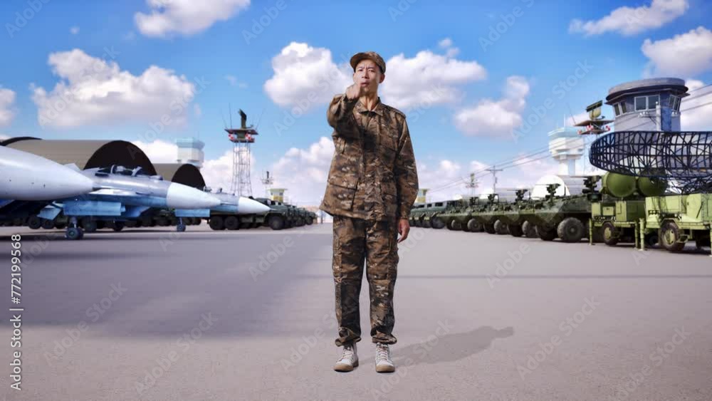 Full Body Of Asian Man Soldier Shouting To Camera While Standing At Military Camp Full Body Of Asian Man Soldier Shouting To Camera While Standing At Military Camp