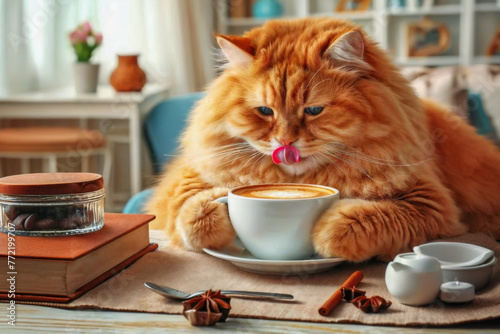 A big red cat sits by the coffee cup and licks himself.