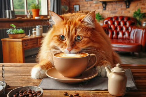 A big red cat sits at the table with a cup of coffee.