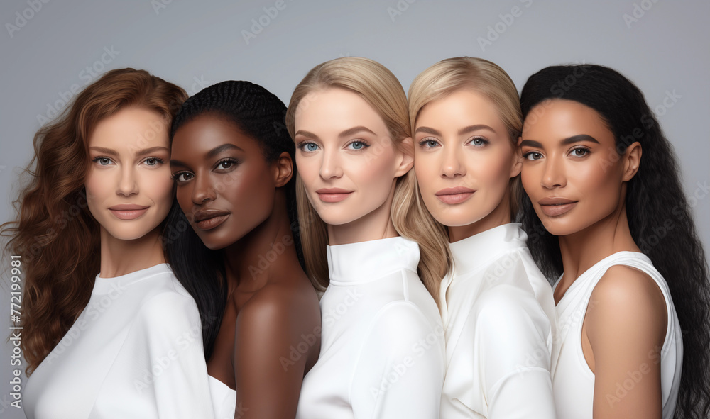 Group portrait of beautiful ladies with different skin and hair color. Woman's day. Group portrait of beautiful ladies with different skin and hair color. Woman's day.