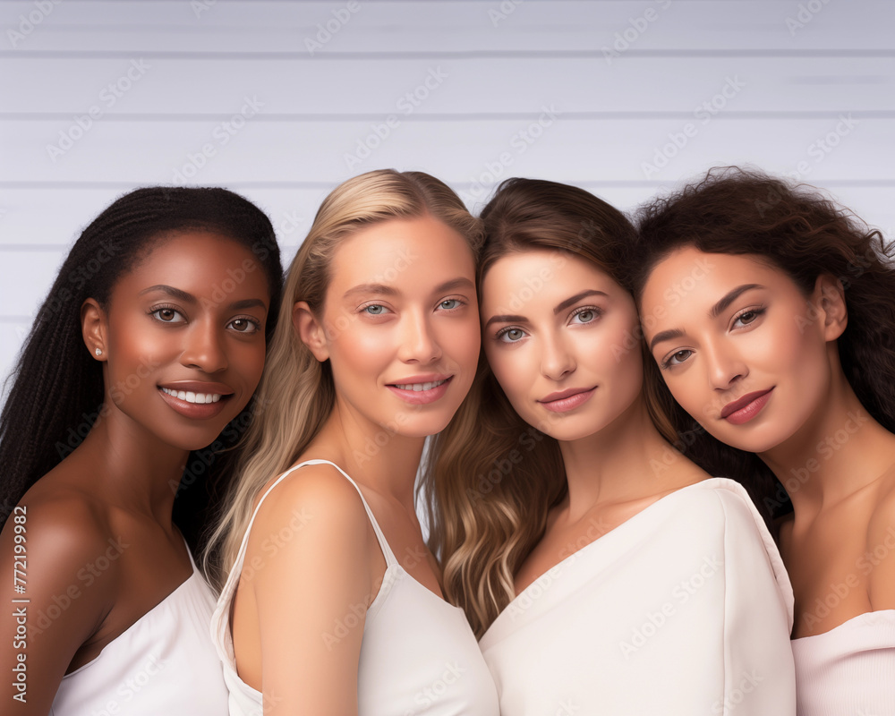 Group portrait of beautiful ladies with different skin and hair color. Woman's day. Group portrait of beautiful ladies with different skin and hair color. Woman's day.
