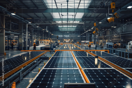 Production line of the solar cell factory. Modern automated production line.