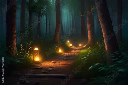 Enchanting forest path with glowing lanterns and fireflies. Magical nature scene. Generative AI