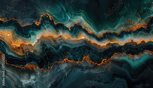 Beautiful dark teal and gold abstract marble wallpaper with fluid shapes and glowing golden lines in the style of flowing shapes. Created with Ai photo
