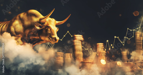 Bitcoin bull market concept with golden bull in clouds and bitcoin coins illustration