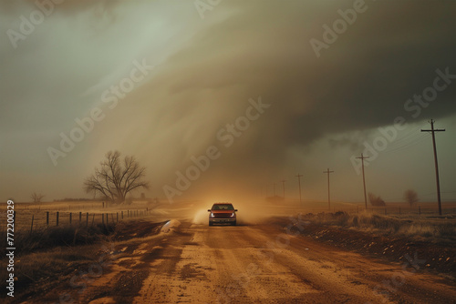 Car flees the storm in the countryside. © RetoricMedia