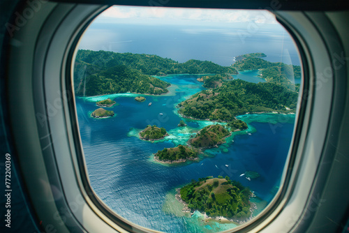 View from an airplane of an amazing tropical islands. Travel concept.