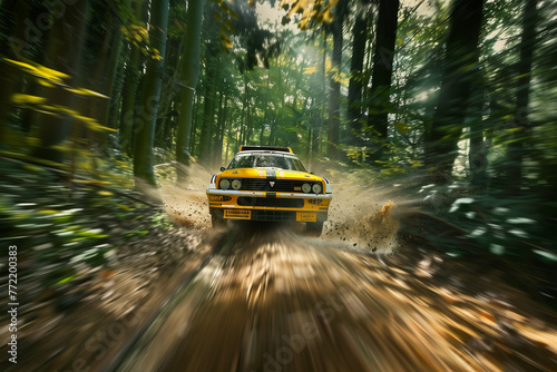 Racing car driving fast in a dynamic picture, forest rally