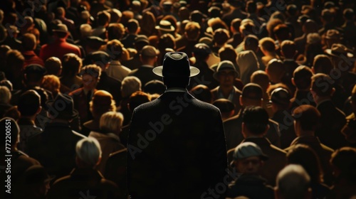 Solitary Man in Fedora Standing in Crowd