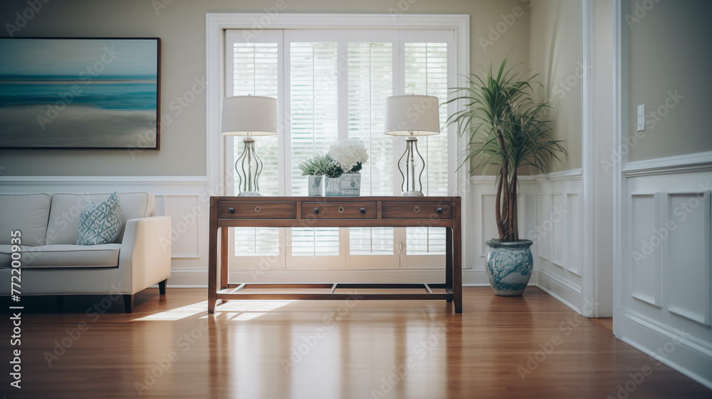 Fototapeta premium Elegant Living Room with Coastal Art and White Sofa