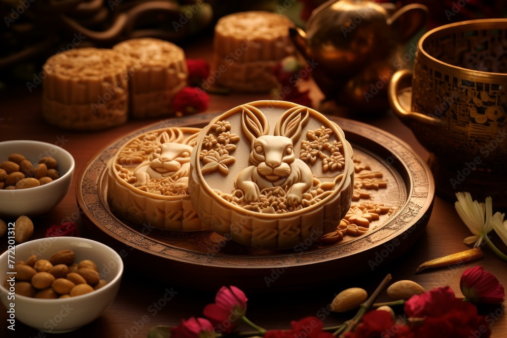 Filled Rabbit chinese mooncake. Chinese food. Generate Ai