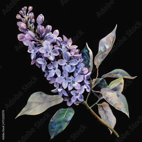 Watercolor, Lilac Flower isolated on black background