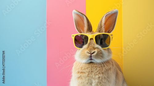 delightful graphic of a bunny sporting sunglasses, situated on a vibrant color background
