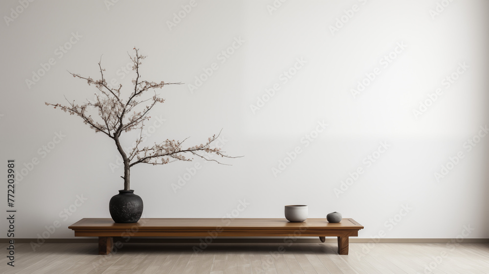 Serene Interior Design with Cherry Blossom Branch in Vase, Minimalist Decor Serene Interior Design with Cherry Blossom Branch in Vase, Minimalist Decor