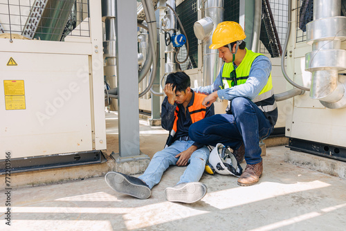 Engineer accident at work site. worker head ache injury faint from hot weather heat stroke. drunk worker man. © Quality Stock Arts