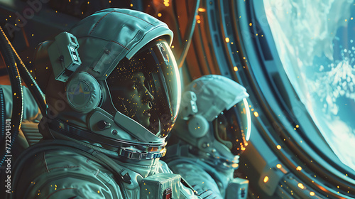 Two astronauts are looking out of a window in a spaceship. Generative Ai