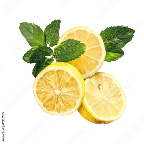 Three lemons slices and mint leaves on a sleek transparent background