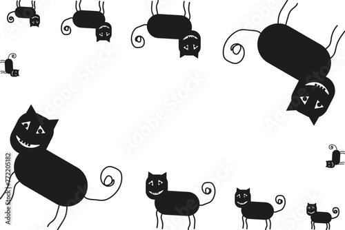 Doodle black cat Frame. Weird Empty Kawaii black cat family isolated transparent background. Blank text field in Psychedelic retro style. Vector illustration. EPS 10