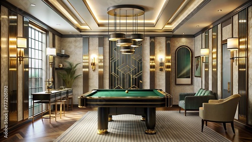 Art Deco style games room with billiard table and lavish design