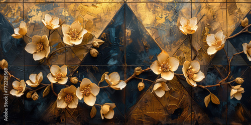 A wall mural with gold flowers and blue background, triangular composition, oriental floral pattern, exquisite details of the plum blossom flowers. Created with Ai