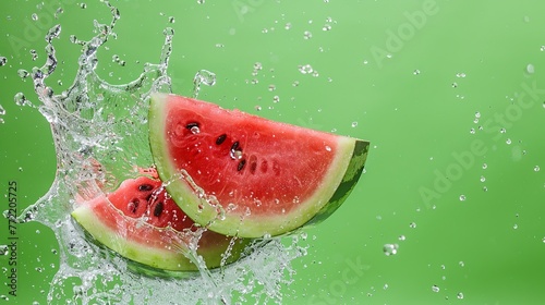 Water splashes on watermelon slices isolated on a green background