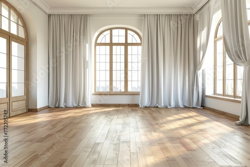 A large  empty room with white curtains and wooden floors. The room is very spacious and has a clean  minimalist look