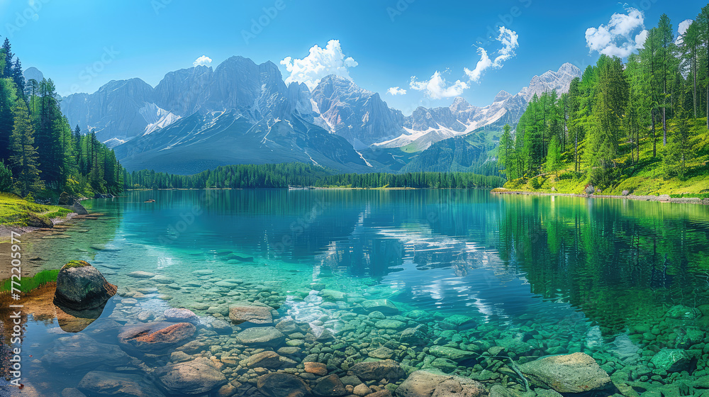 Beautiful lake in the Italian Dolomites with clear water and beautiful greenery, clear sky, sunny day. Created with Ai